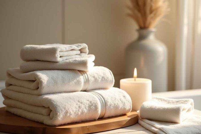 Luxury spa towels and candle creating a serene and elegant relaxation atmosphere