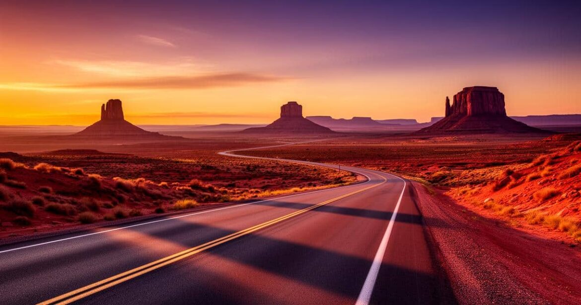 A winding asphalt road leading through the red rock formations of Monument Valley at sunset, a prime route for American motorcycle tours.