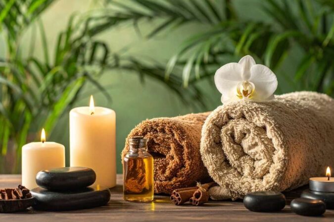 Essential elements for a relaxing Spa Massage featuring rolled towels, candles, and stones